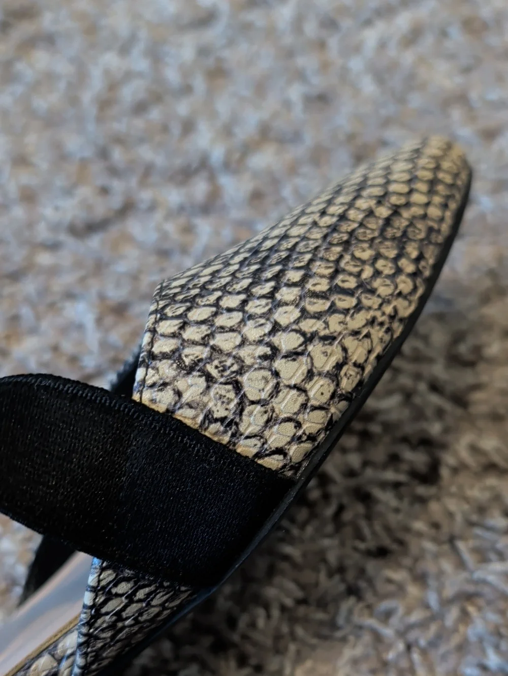 Preston & York Neutral Snake-Print Pointed D'Orsay Flats with Black Cross Strap
